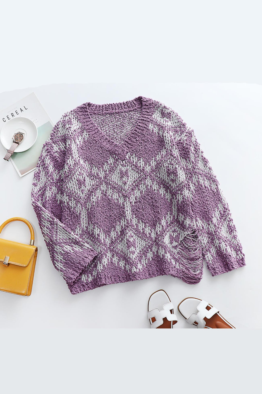 V-neckline Intarsia Knitted Top Purple · S