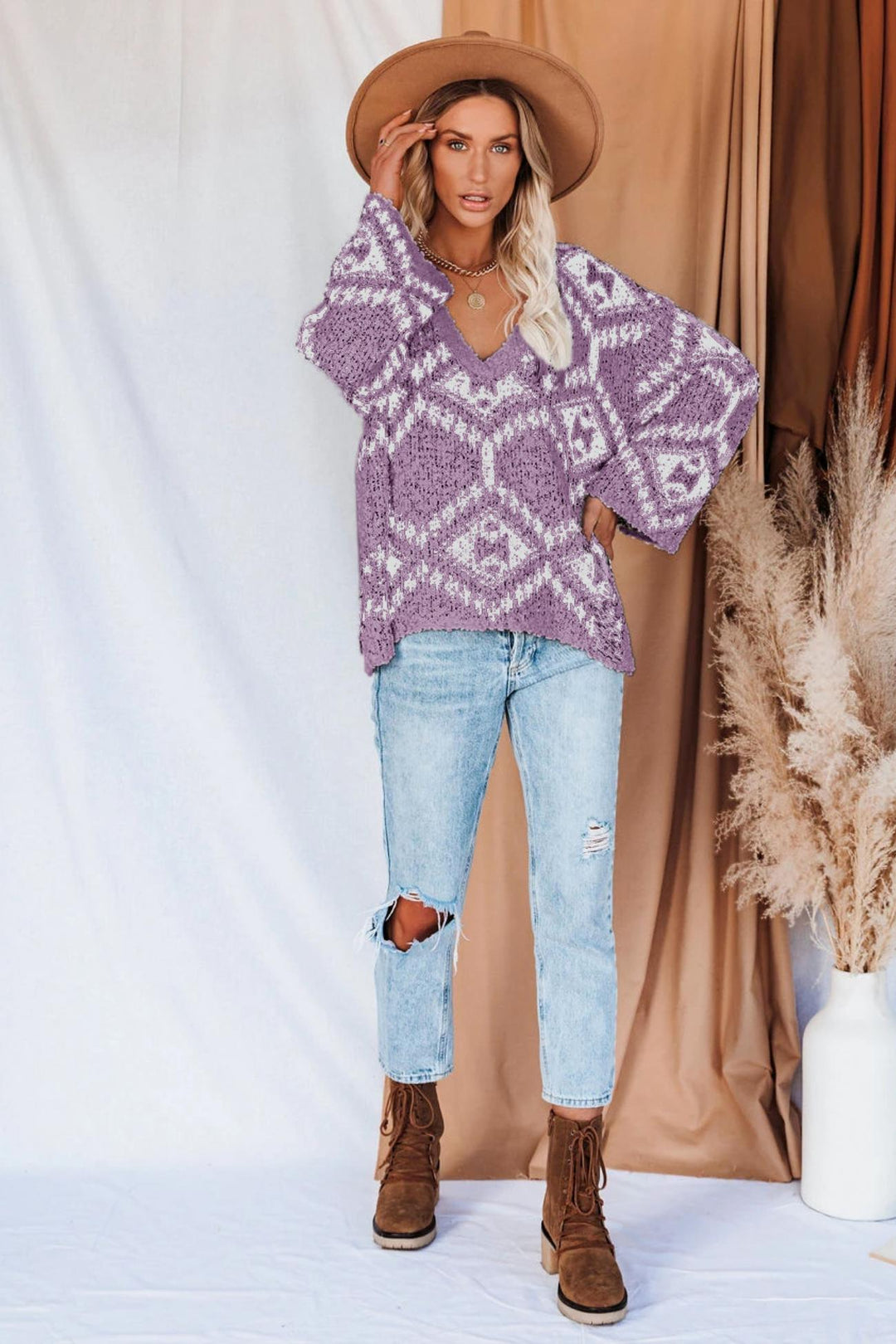 V-neckline Intarsia Knitted Top Khaki · XL