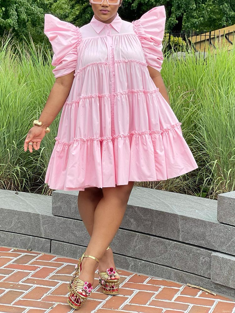 Puff Sleeve Ruffle Shirt Dress Pink / 2XL