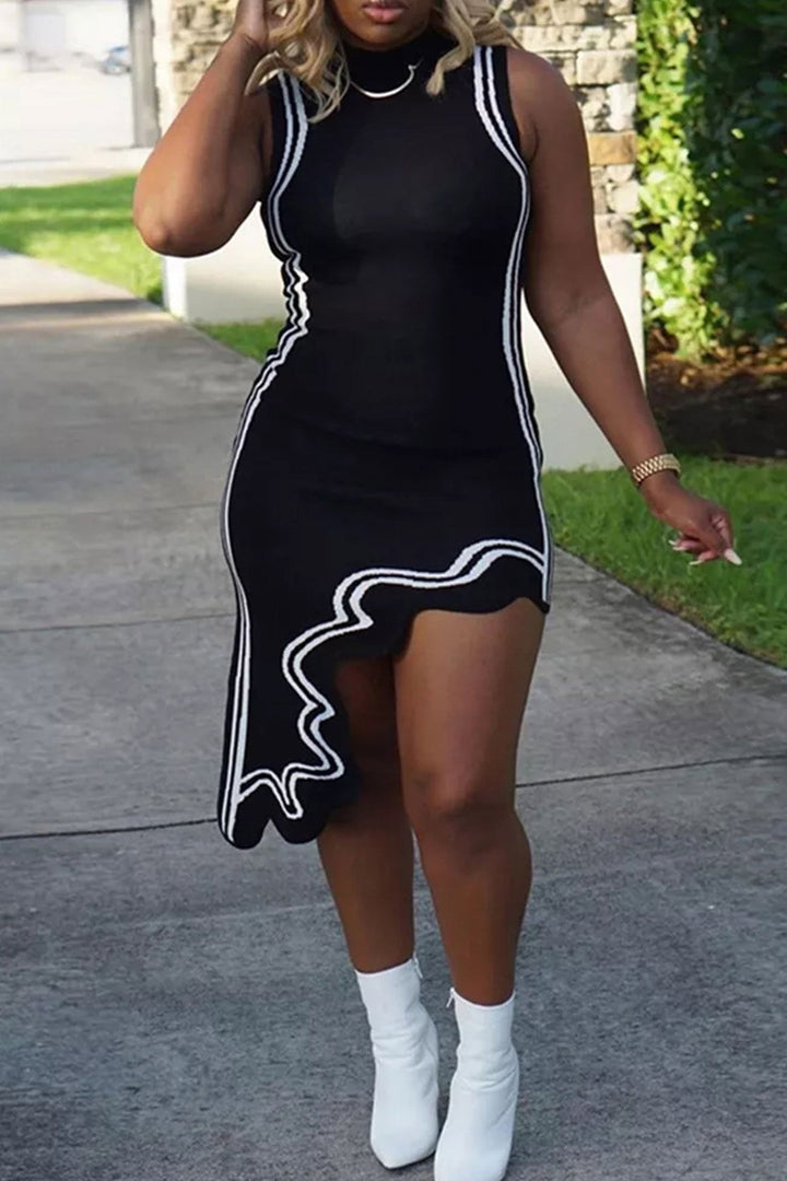 Wavy Hem Knitted Sleeveless Dress Blue · S