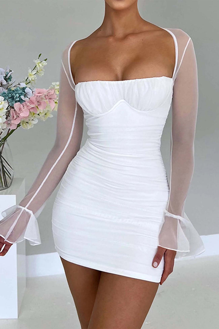 Pleated Patchwork Long Sleeve Mini Dress White · S