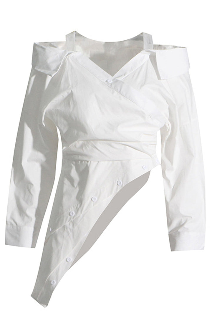 Off Shoulder Irregular Long Sleeve Striped Blouse White · M