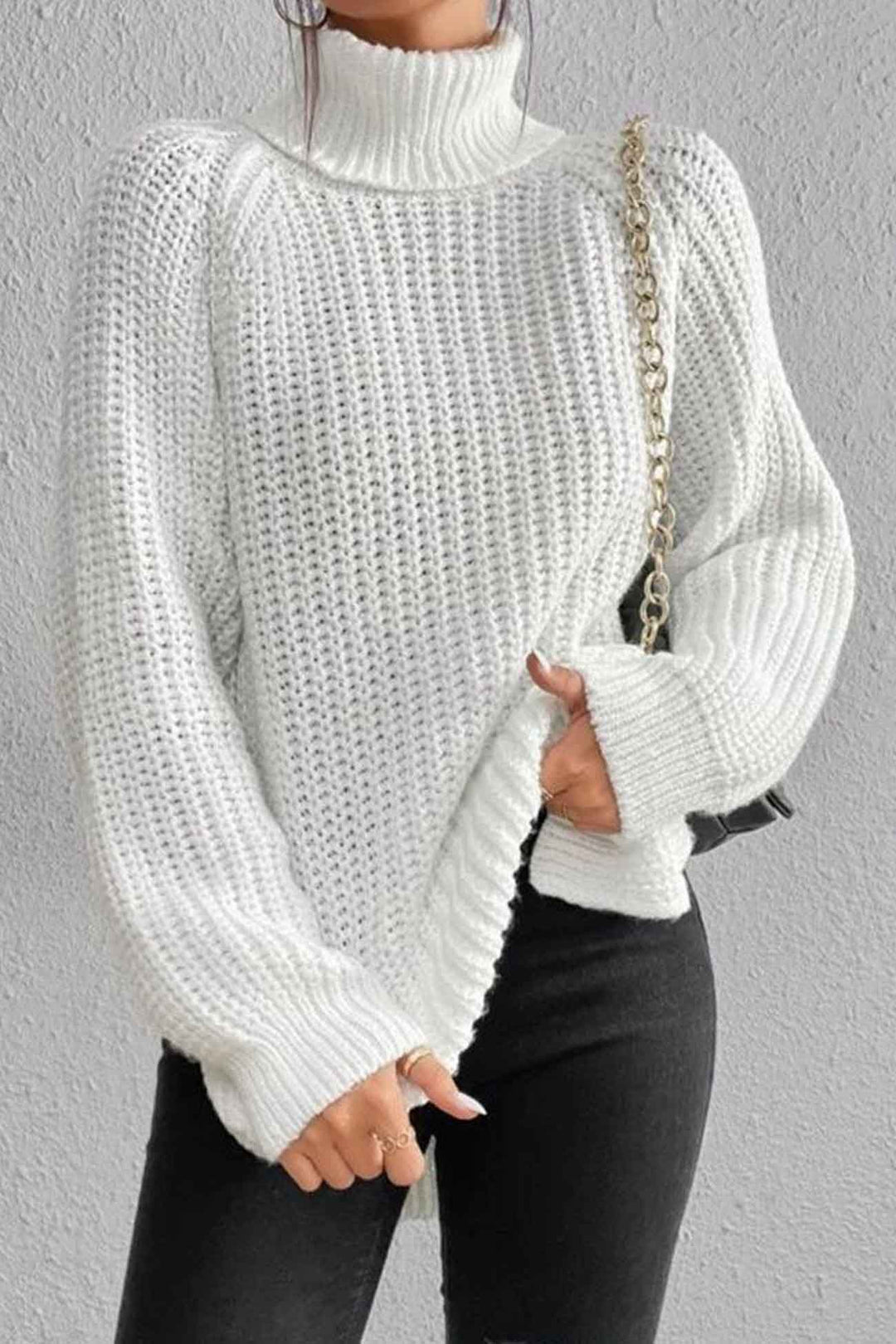 Raglan Sleeve Turtleneck Slit Mid-Length Sweater Light Green · XL