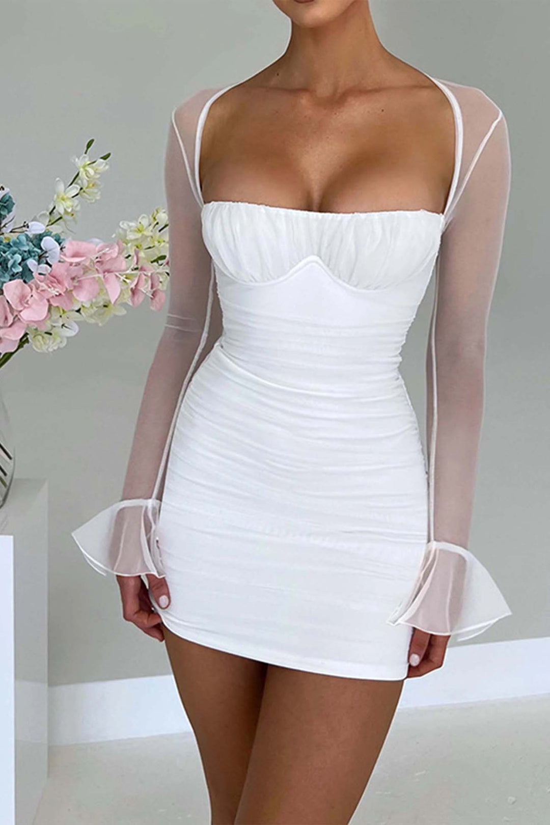 Pleated Patchwork Long Sleeve Mini Dress White · M