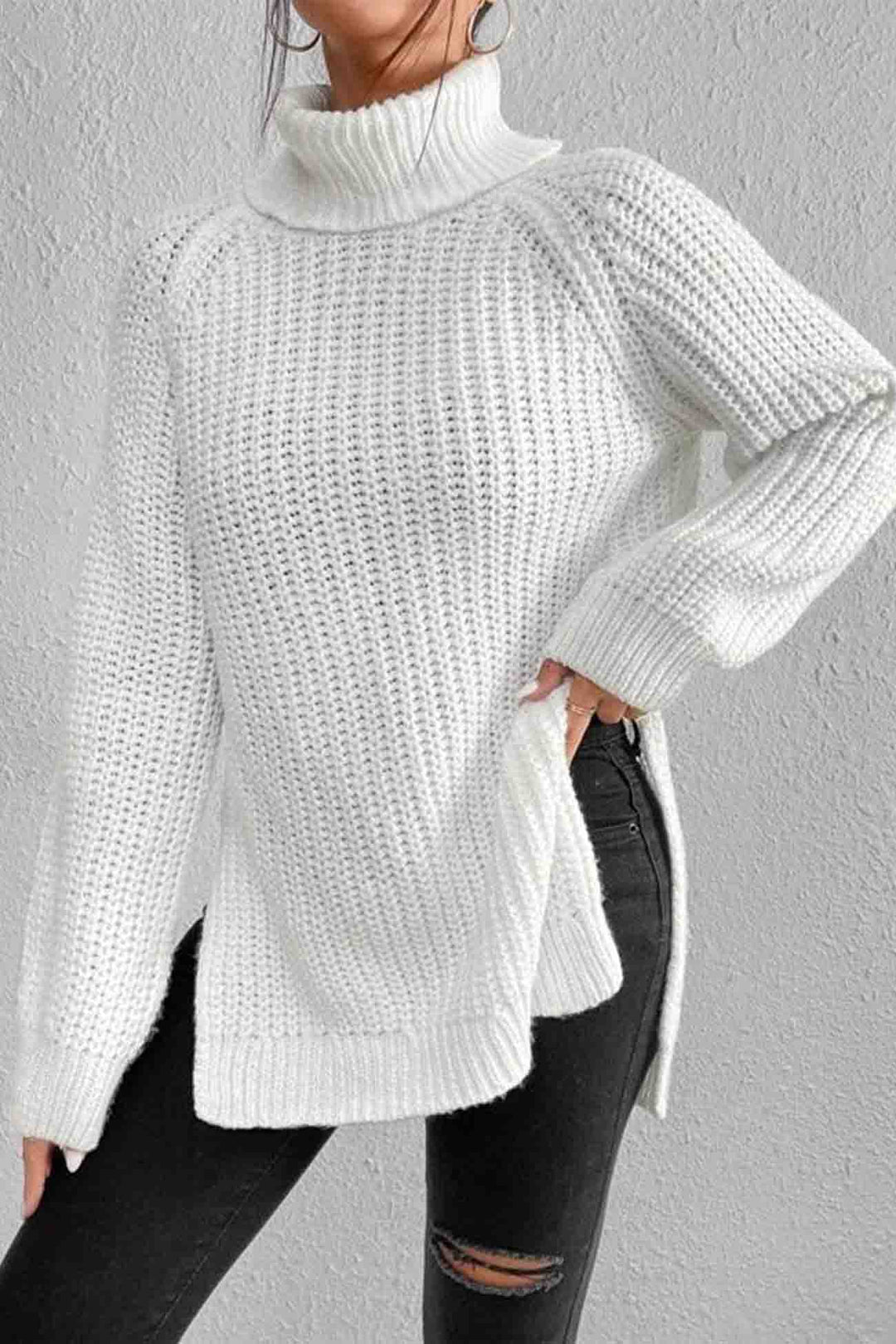 Raglan Sleeve Turtleneck Slit Mid-Length Sweater Light Green · 3XL
