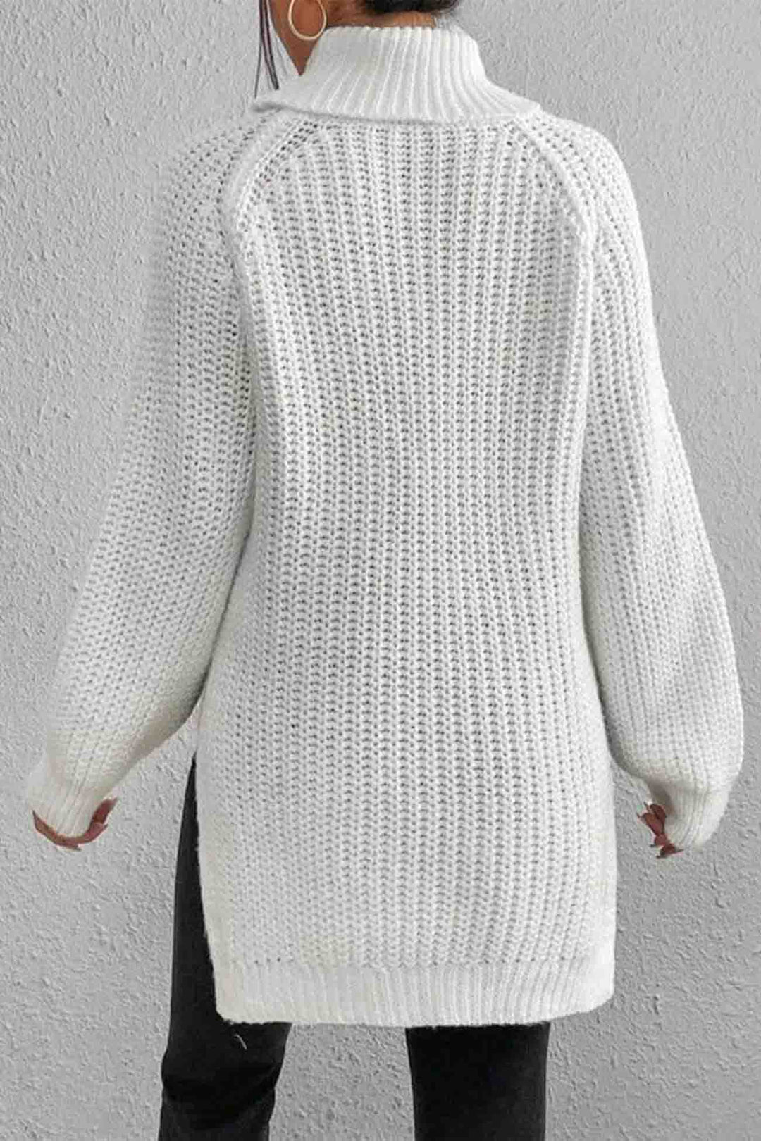 Raglan Sleeve Turtleneck Slit Mid-Length Sweater White · M