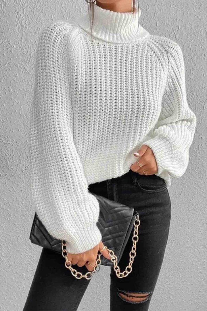 Raglan Sleeve Turtleneck Slit Mid-Length Sweater White · S