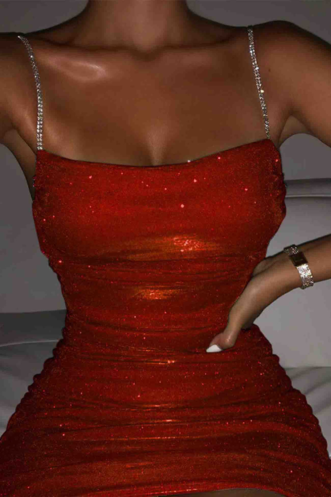 Rhinestone Ruched Chain Cami Dress Pink · L