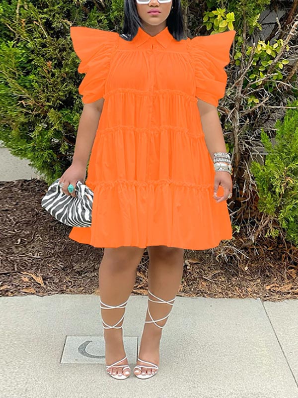 Puff Sleeve Ruffle Shirt Dress Green / S