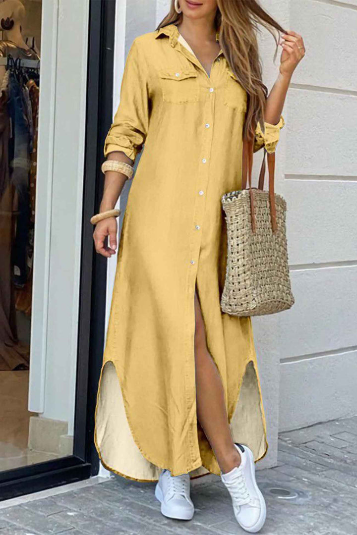 Long Sleeve Button Up Pocket Shirt Dress Pink · S