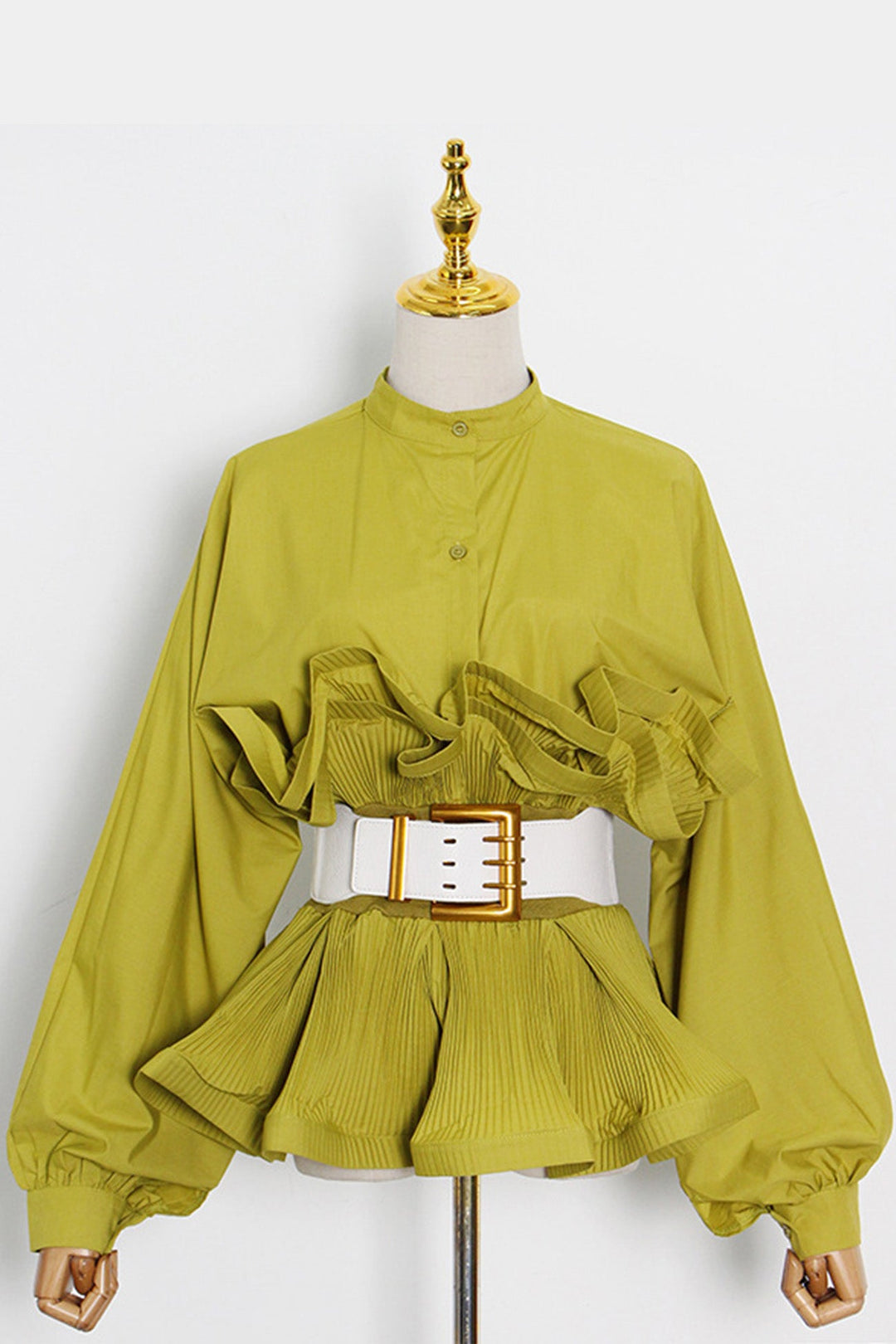 Ruched Ruffle Belt Long Sleeve Blouse Yellow · S