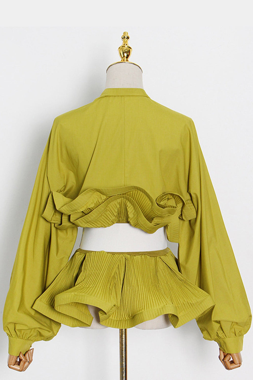 Ruched Ruffle Belt Long Sleeve Blouse Yellow · M