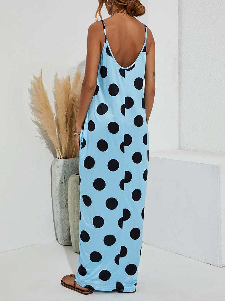 Polka Dot Print Spaghetti Strap Dress Black / L