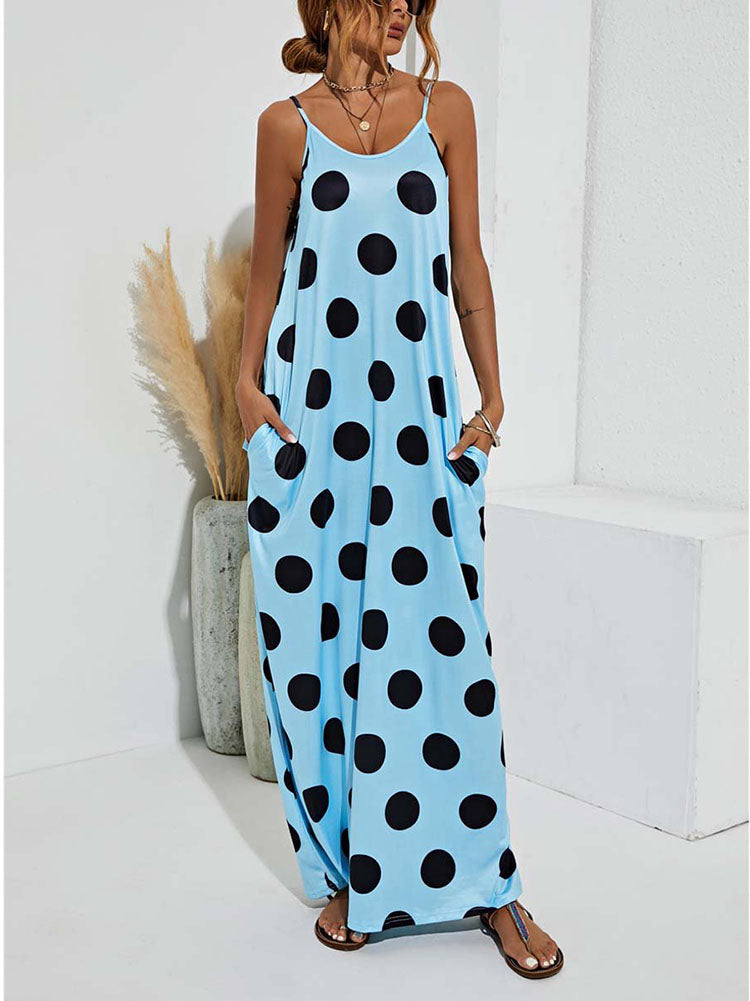 Polka Dot Print Spaghetti Strap Dress Black / S