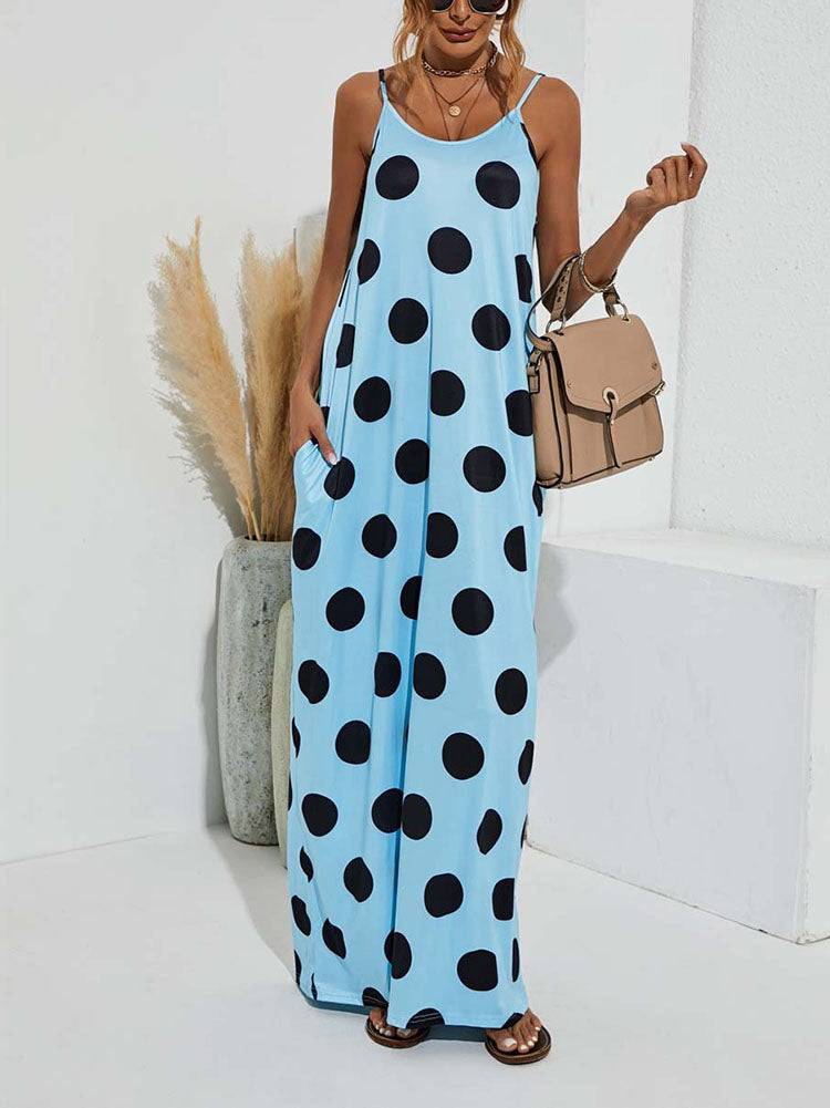 Polka Dot Print Spaghetti Strap Dress Black / M