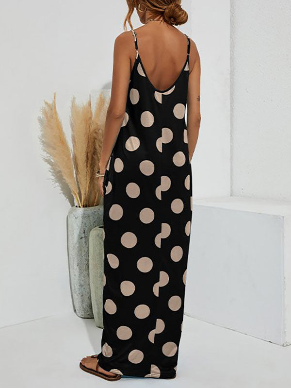 Polka Dot Print Spaghetti Strap Dress Apricot / 4XL