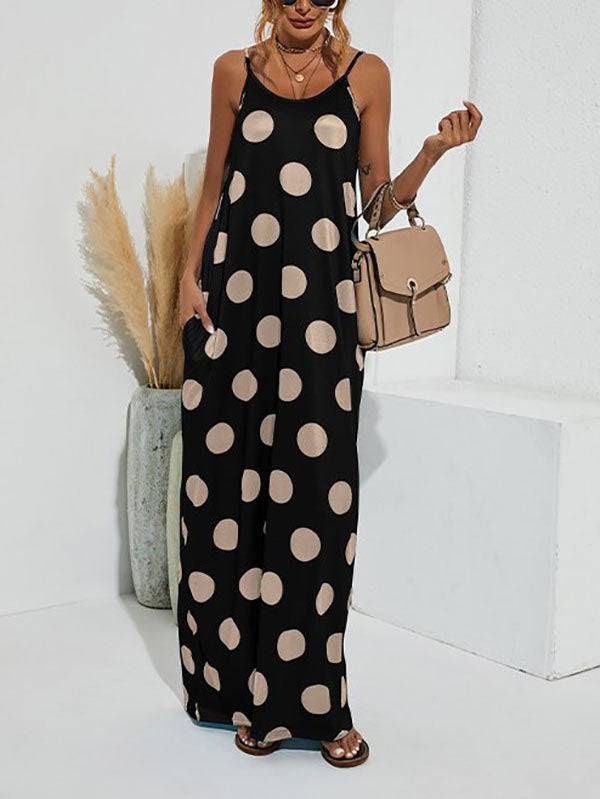 Polka Dot Print Spaghetti Strap Dress Apricot / 3XL