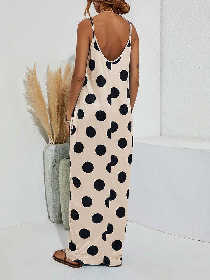 Polka Dot Print Spaghetti Strap Dress Apricot / XL