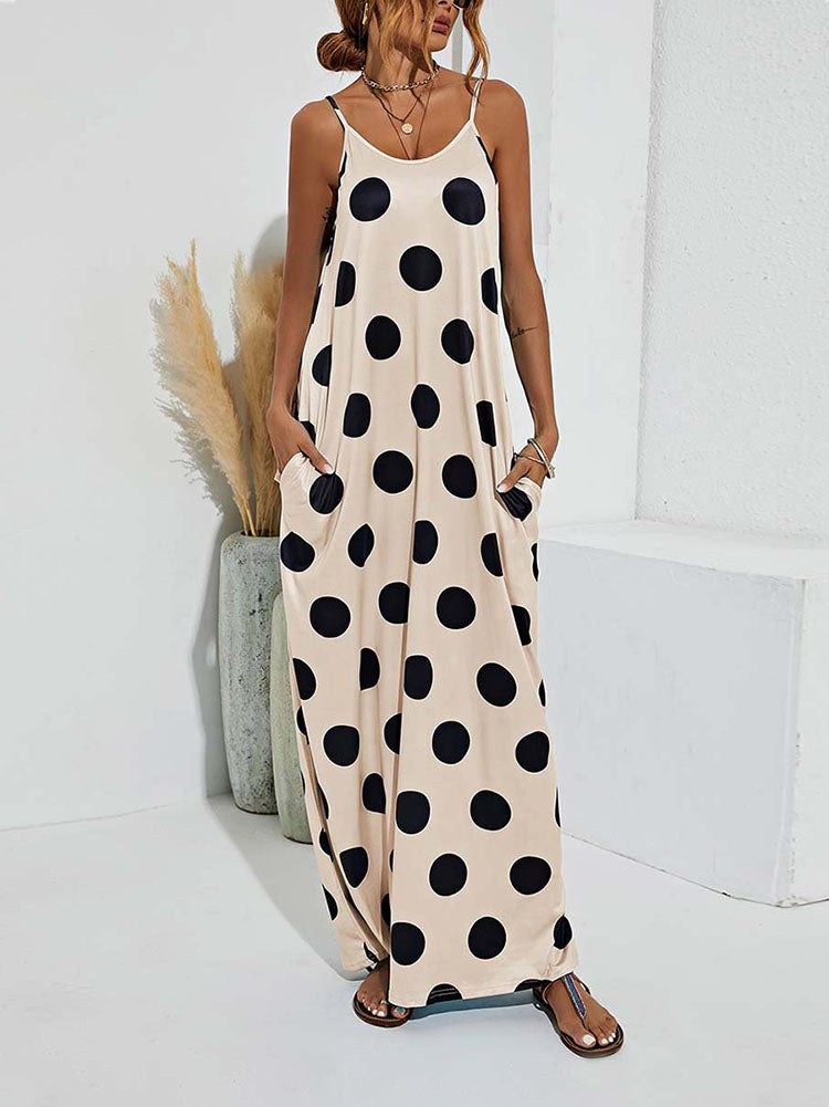 Polka Dot Print Spaghetti Strap Dress Apricot / L