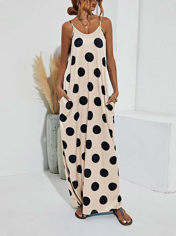Polka Dot Print Spaghetti Strap Dress Apricot / L