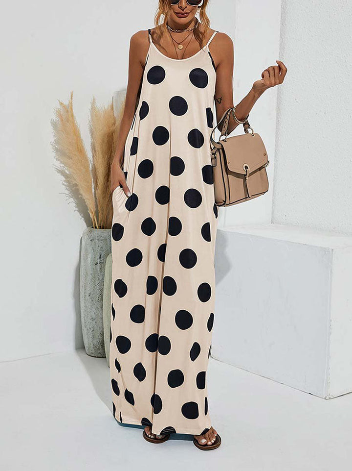 Polka Dot Print Spaghetti Strap Dress Apricot / M